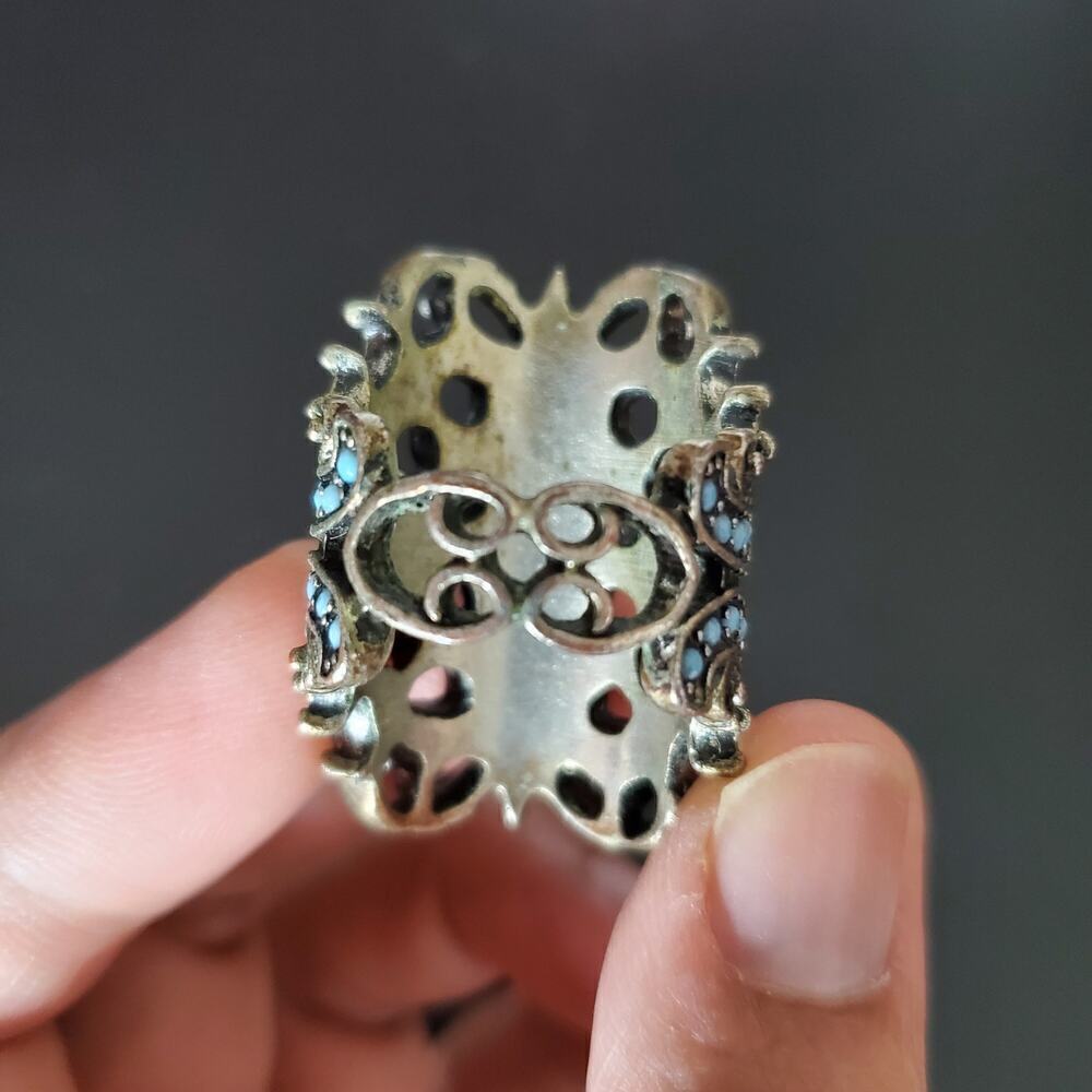 Vintage Women Ornate yellow orange blue round stones accent ring Size 8 - Picture 5 of 10